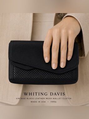 Vintage Whiting Davis Black Leather Mesh Wallet Clutch Boho USA Designer 90’s